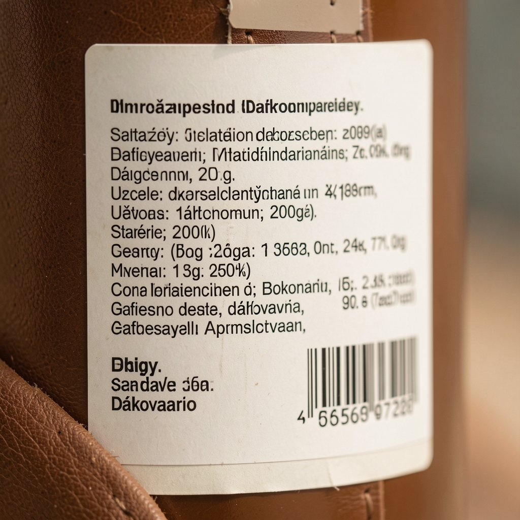 Detailný záber na zadnú etiketu s údajmi o zložení a dávkovaní